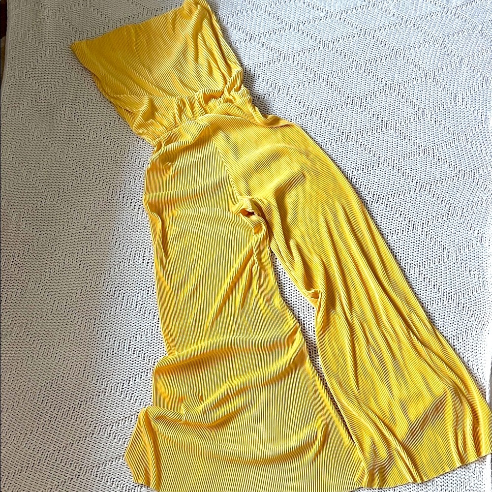 Reset by Jane Yellow Pleated Strapless Wide-Leg Jumpsuit Size S